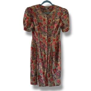 Vintage 70s Dawn Joy Brown Floral Button Up Dress Women’s Size Small Retro